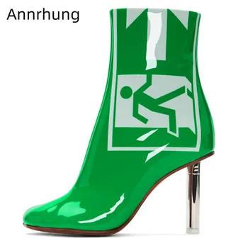 

Novelty Green Patent Leather Ankle Boots Women Exit Sign Metal Lighter Shape Heel Botas Side Zip New Autumn Short Boots De Mujer
