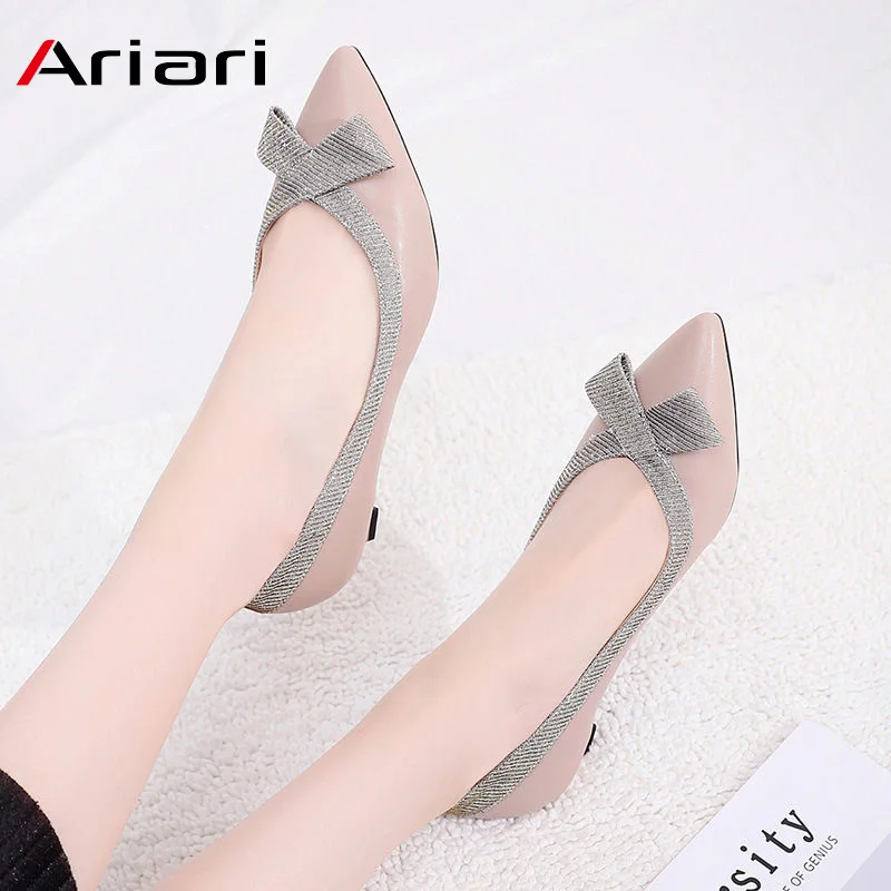 

Ariari Spring Summer Slip-on Pumps Butterfly Knot Stilettos Shoes Pointed Toe Low Heels Pumps Genuine Leather Apricot Shoes