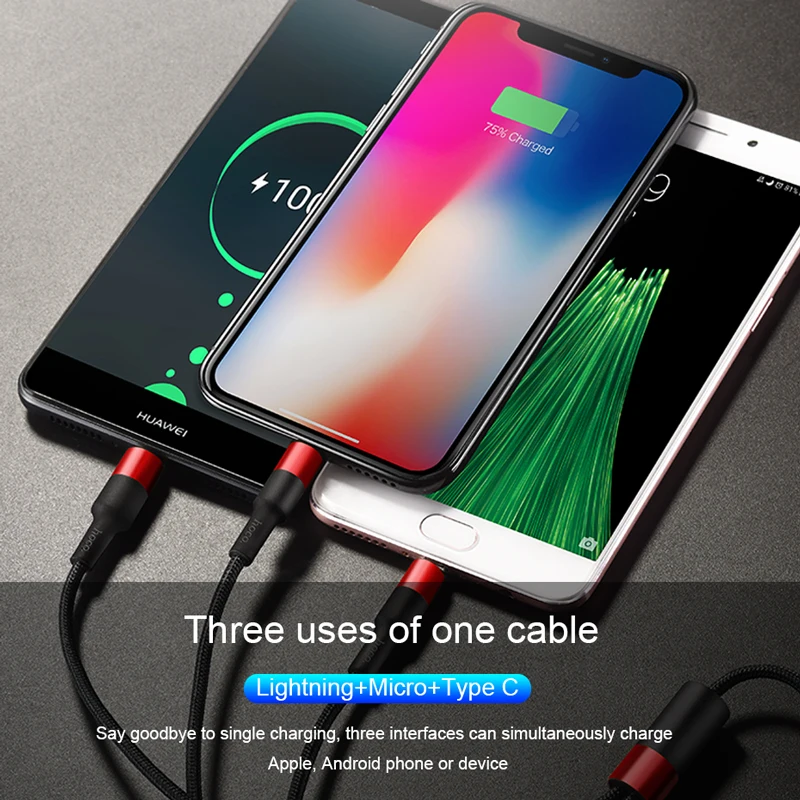 USB кабель HOCO 3 в 1 для быстрой зарядки iPhone 11 Pro X XS Max XR 7 8|Кабели мобильных телефонов| |