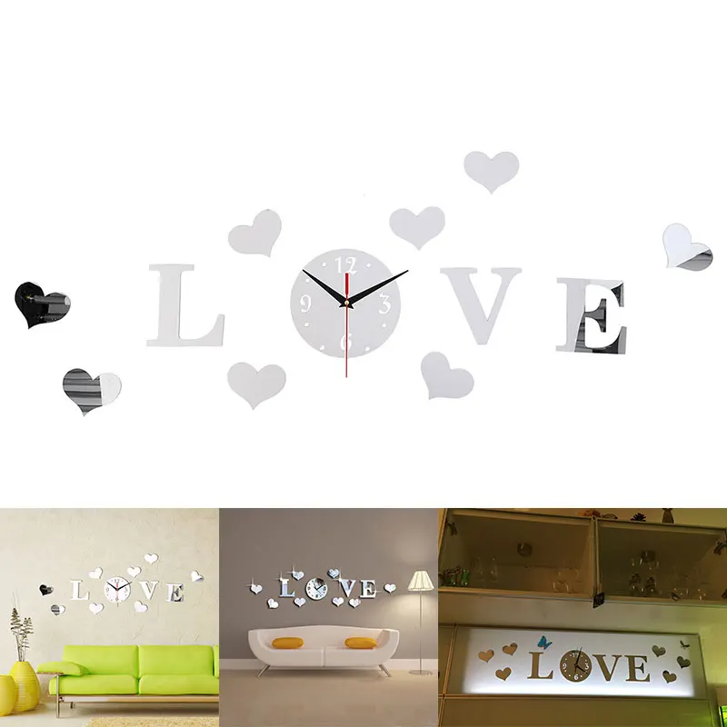 

Floor Clock 3D Wall Sticker Decor LOVE DIY Home Decal Clock Wall Clock Silver Mirror Mirror