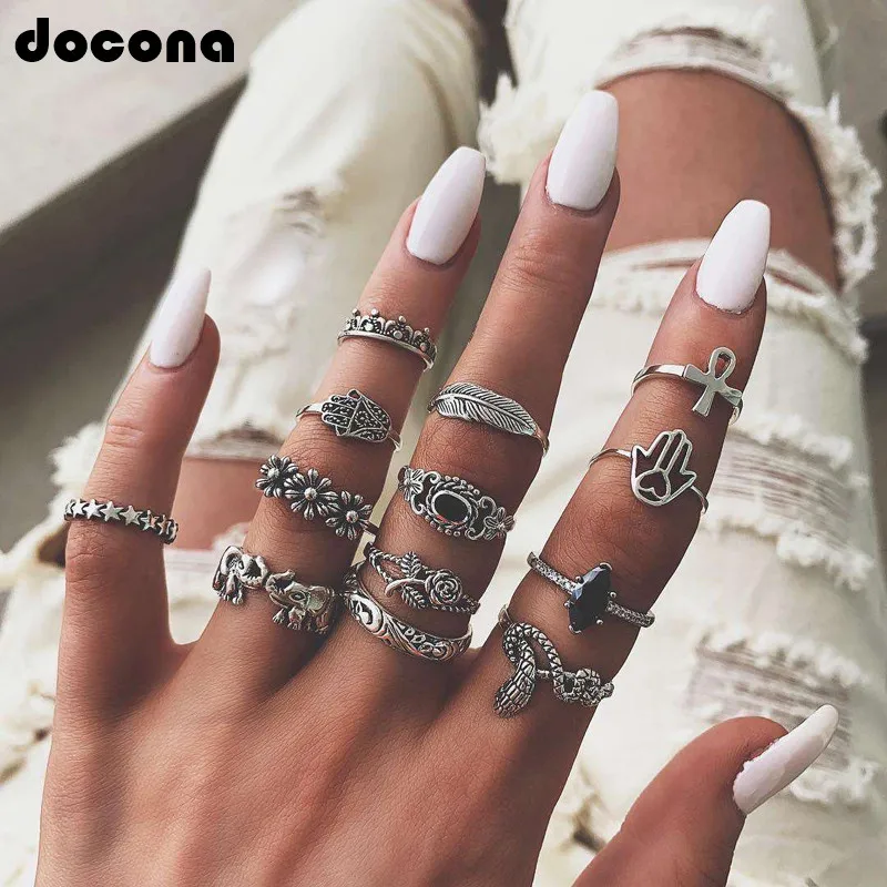 

Docona Vintage Silver Color Hand Snake Elephant Ring Set For Women Punk Metal Flower Shape Black Crystal Rings Set Anillos 7023