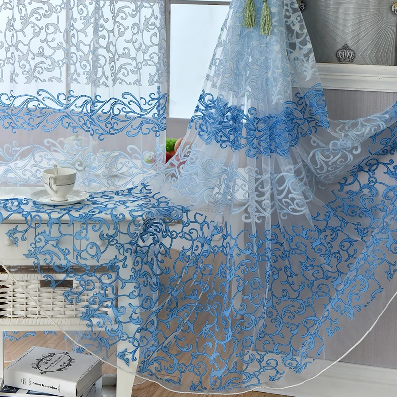 

Flocking Floral Pattern Tulle Door Window Voile Curtains For Living Room Blackout Decorative Curtains 5 Colors Home textile