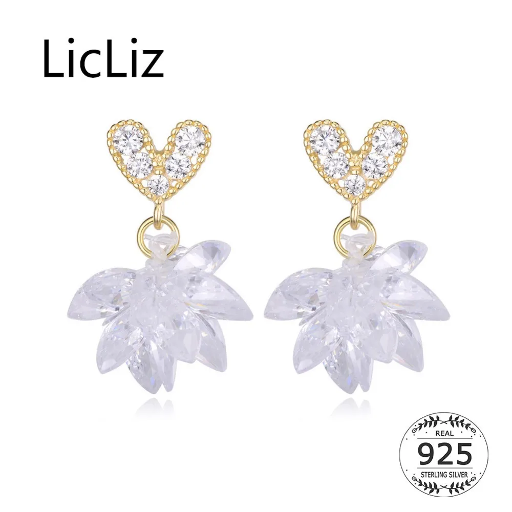 

LicLiz New 2019 925 Sterling Silver Zircon Diamond Heart & Flower Drop Earrings for Women 18K Gold Blossom Jewelry Bijoux LE0584