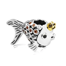 Crown goldfish Beads In Gold Color Fish Charm Original 925 Silver Fit European Bracelet for woman Pandulaso Fashion Jewelry