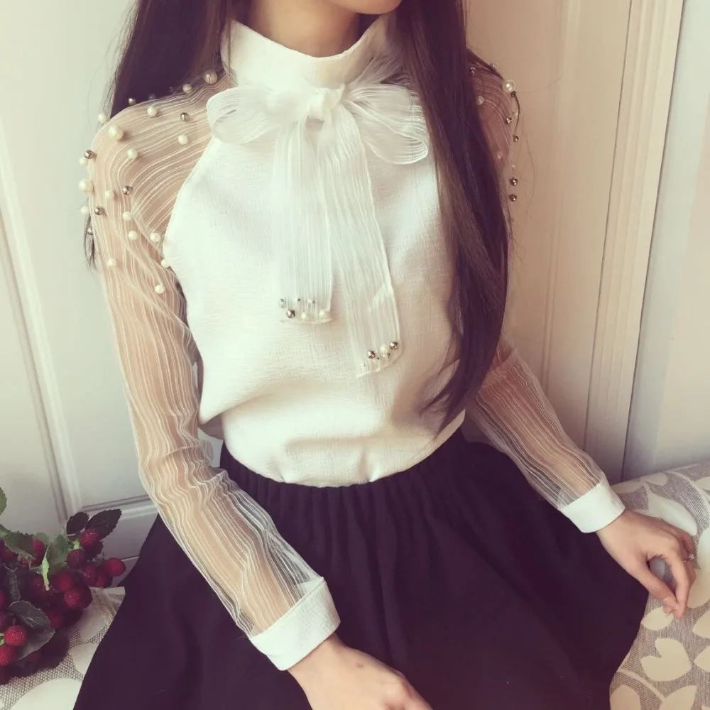 2018 New autumn women shirt bow Pearl White chiffon blouse casual shirt women blouses tops and blouses blusas femininas 607I 25