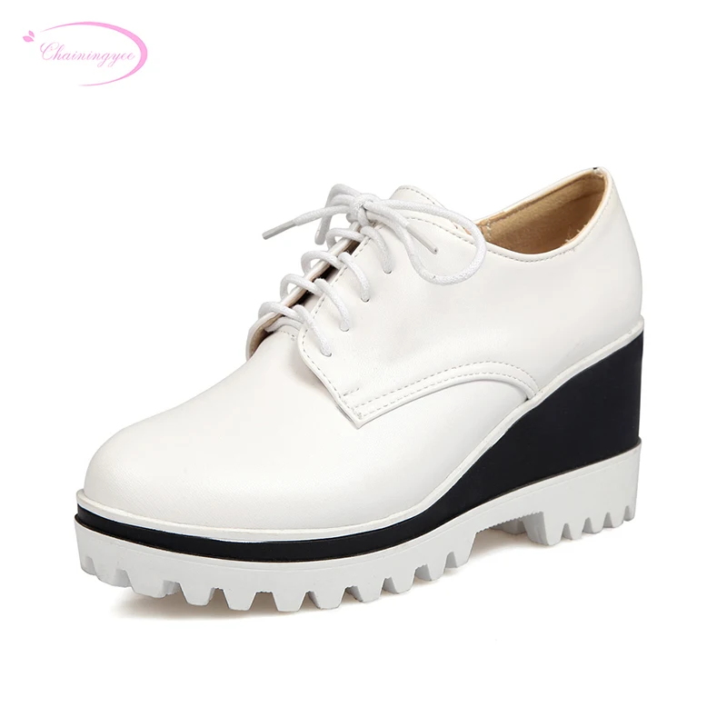 

Chainingyee college casual style round toe pumps fashion lace-up color matching platform white black high-heeled women's shoes