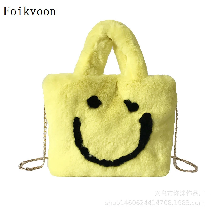 

Foikvoon Girl Handbags Mini Plush Women Shoulder Bags Fashion Mini Bag Smiley Face Chain Solid Corlor Bolsa Feminina