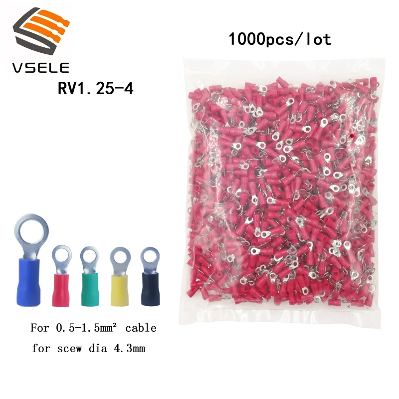 

VSELE 1000PCS/pack ring crimp insulation terminal RV1.25-4 for 0.5-1.5mm2 wire cable for screw dia 4.3mm connector