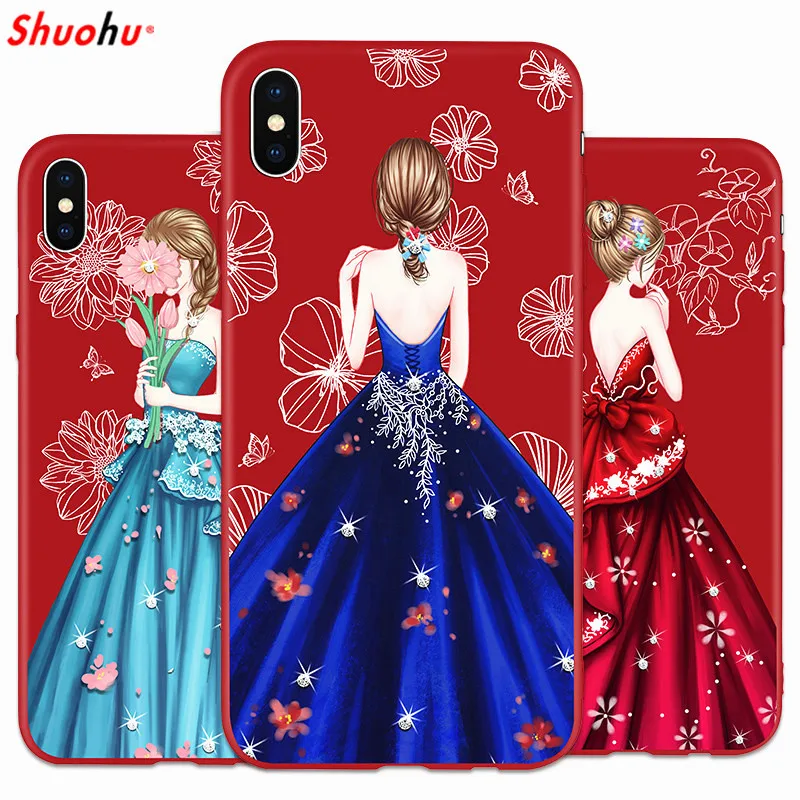 

SHUOHU Cute Girl Dress Phone Case for IPhone 7 8 Plus Case Soft Silicone Red Luxury Original for IPhone 6 6S Plus X Case Cover