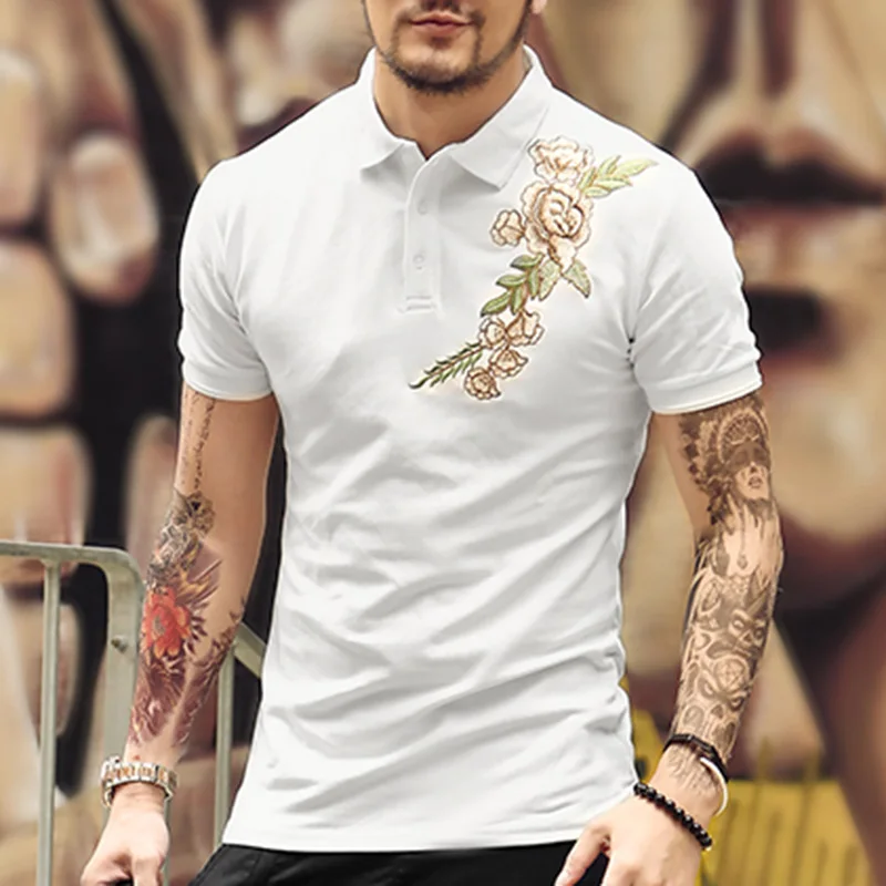 Verano nuevo bordado de flores negro slim fit camisa de polo de los hombres casuales de manga corta polo marca PL 38|sleeve polo|short sleeve poloshort sleeve polo brand - AliExpress