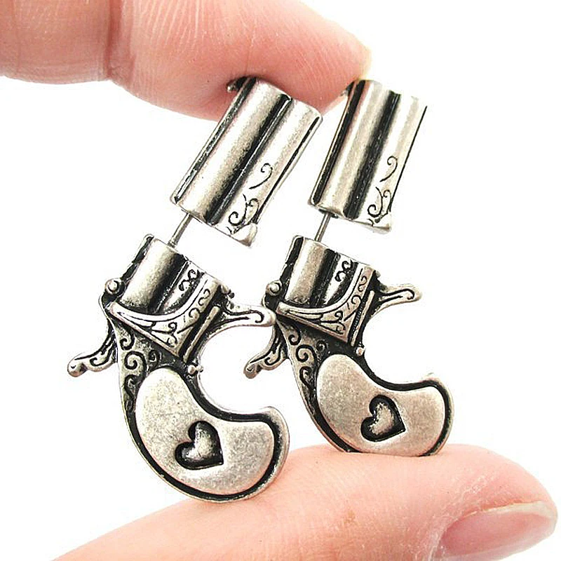 

1Pair New Punk Style 3d Fake Gauge Double Sided Pistol Gun and Bullet Faux Plug Earrings Fine Jewelry For Ladies and Girls