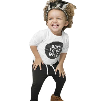 

2017 Fall Kids Set Baby Boy White BORN TO BE WILD T-shirt Letters+Black Pants Kids Two Piece Leisure Set Childrens Clothes Boy