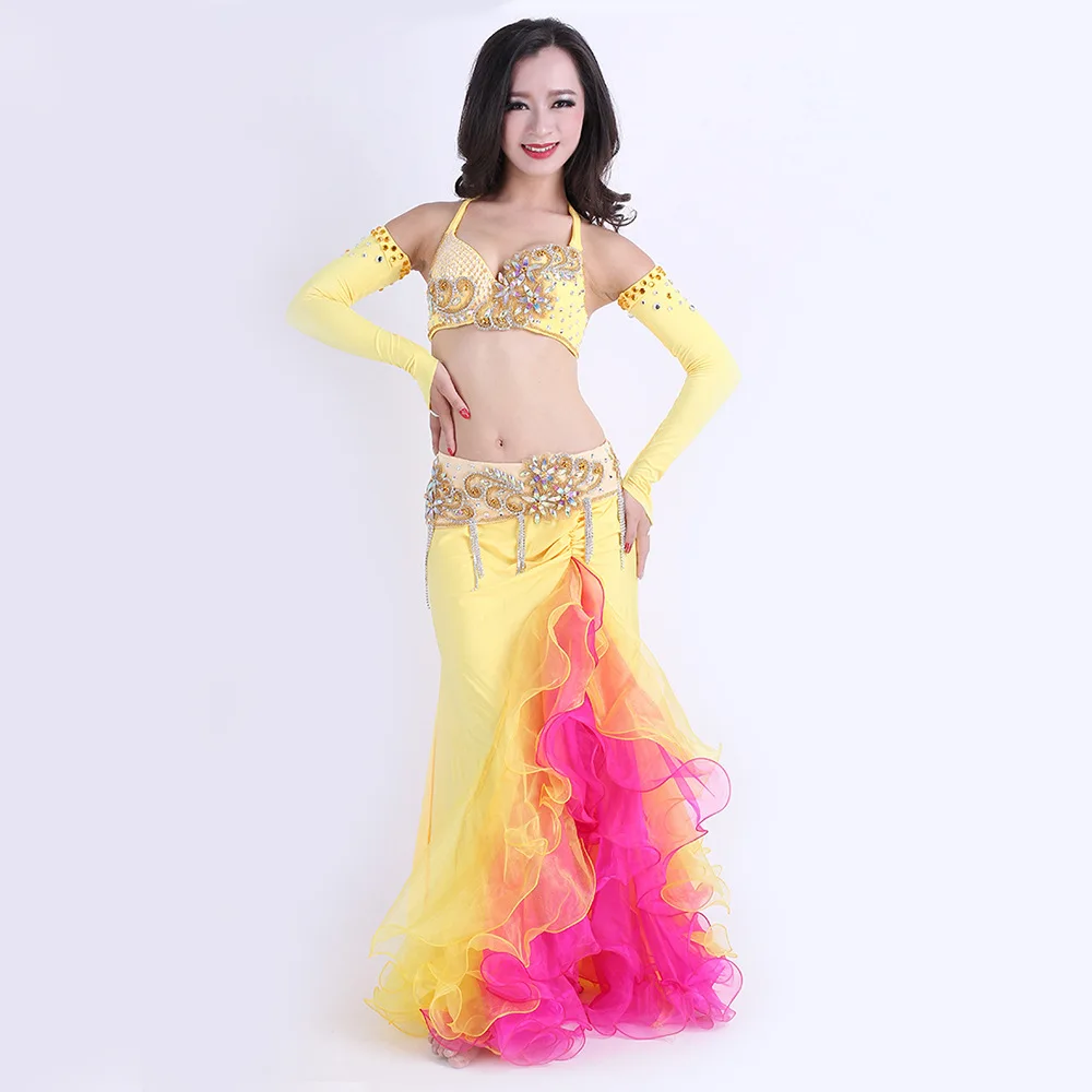 

Belly Dance Costume High Grade Performance Egyptian Belly Dancing Oriental Dance Outfits Set 4pcs top+skirt+belt+Sleeves
