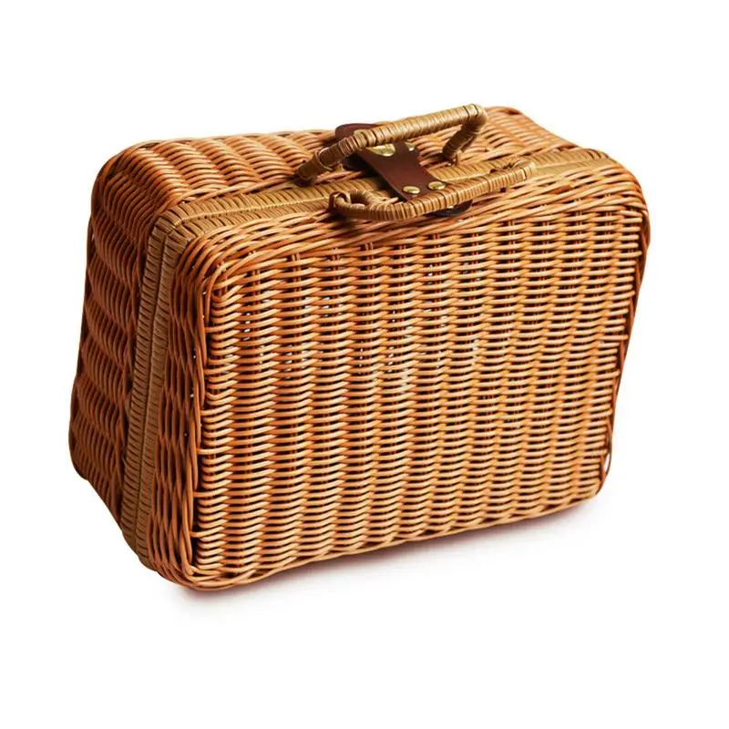 

29*22*14cm Simulation Rattan Woven Lunch Bag For Women Men Travel Outdoor Vintage Fashion Storage Hand Box Picnic Tote Gift Bags