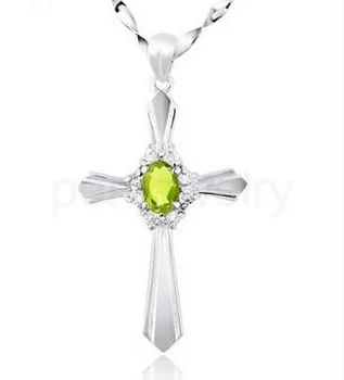 

Natural peridot cross necklace pendant Free shipping 925 sterling silver For men or women 0.5ct gemstone #X16081716