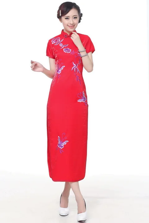 Женское модное Брендовое платье в китайском традиционном стиле с вышивкой и бабочкой, длинное вечернее китайское платье-Ципао S M L XL 2XL 3XL - Цвет: red