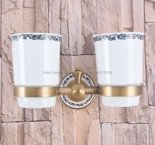 Bathroom Accessory Antique Brass Wall Mounted Dual Cup Holder Toothbrush Holder W/ Two Ceramic Cups Nba782 die cast oil cup stand for watch repair w 5 cups
