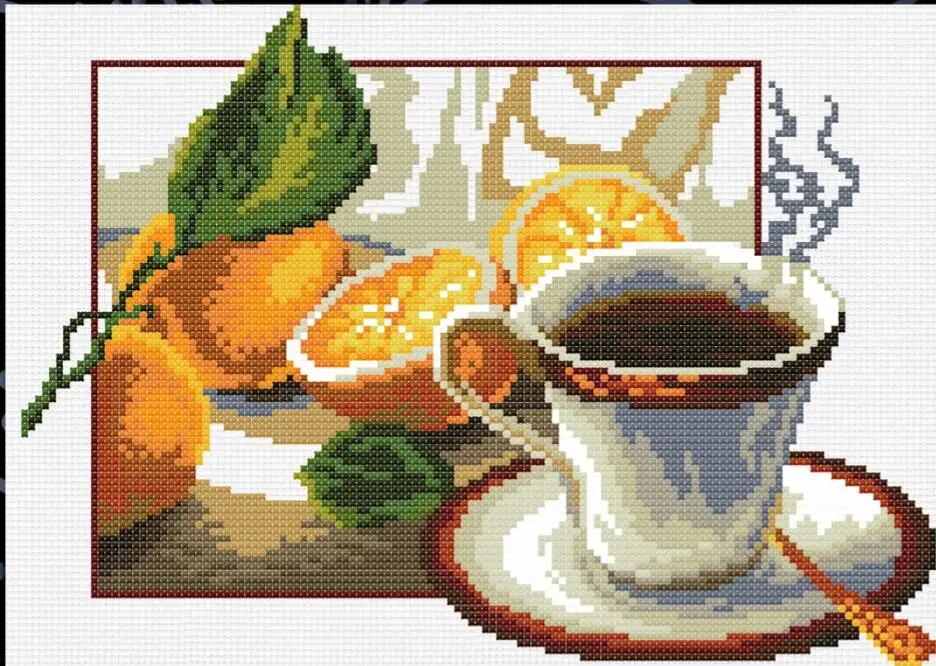 

Coffee Cup And Leaf Of Orange fruit chinese Stitch,DIY 14CT DMC Cross Stitch,Sets For Embroidery Kits Counted Cross-Stitching