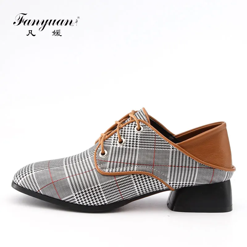 

Fanyuan Fashion Square Toe High Heels Retro Mix color Square High Heel Pumps Lace-Up Solid Women Pumps Casual Grid pattern Shoes