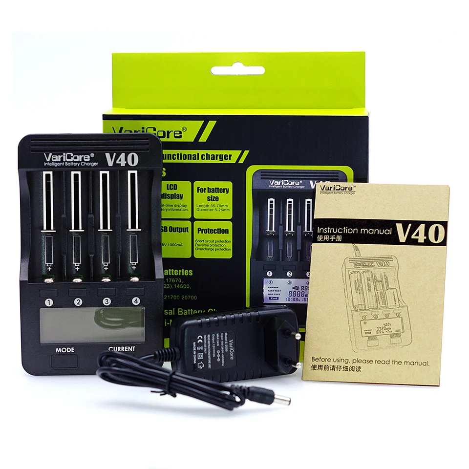 Goede Nieuwe 2018 VariCore V40 3.7 V 18650 26650 18350 16340 18500 25500 10440 17500 NiMH 1.2 V AA AAA 5 V uitgang LCD smart battery charger