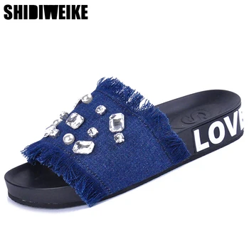

2020 new summer Denim fries and Ice cream Crystal decoration flip flops women cartoon denim sandals fringe slipper zapatos mujer