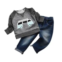 Новая стильная одежда для мальчиков, футболка с вышитым автомобилем+ джинсы, повседневная детская одежда, одежда для маленьких мальчиков