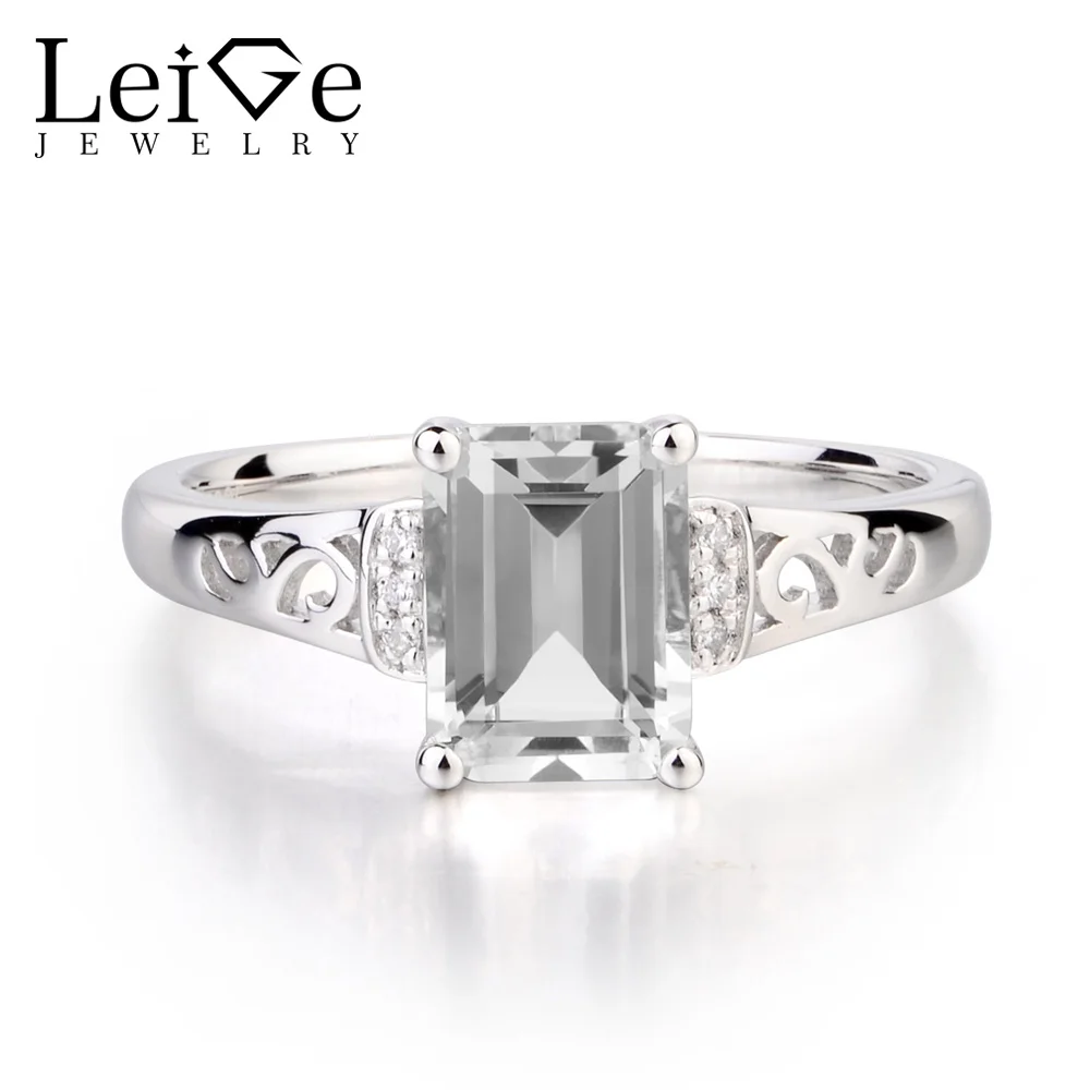 Leige Jewelry Real Natural White Topaz Ring Wedding Promise Rings Emerald Cut Gemstone November