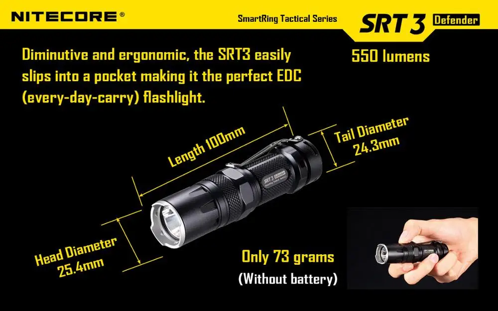 Цена NITECORE SRT3 550 люмен CREE XM-L2 T6 светодиодный тактический фонарь алюминиевый сплав водонепроницаемый фонарь Hiki