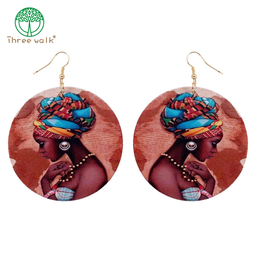 5 Pair Elegant African Black Girl Round Wood Earrings For Party Jewelry