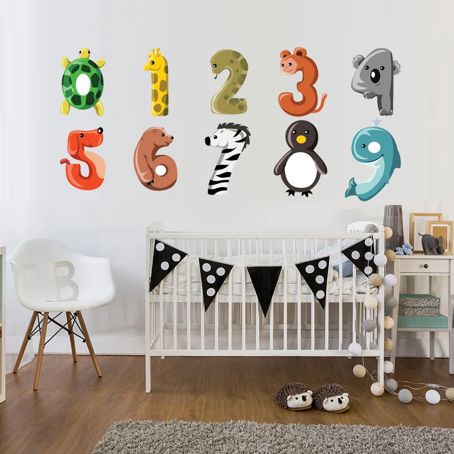 Cartoon Animal Numbers Fabric Color Wall Stickers For Kids Rooms Nursery Wall Art Decor Waterproof Wallpaper Home Decoration