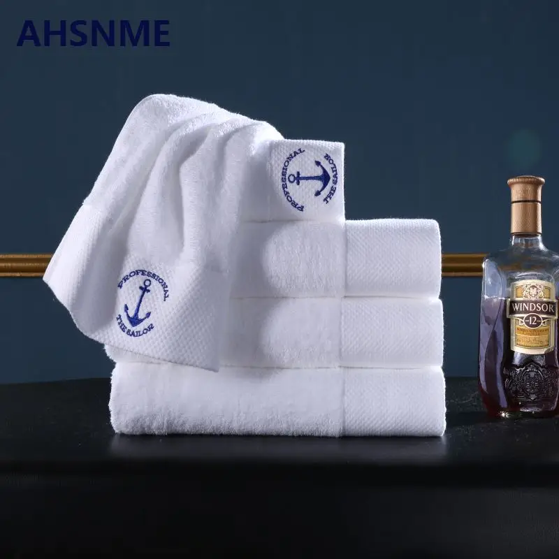 AHSNME супер мягкое и толстое белое Хлопковое полотенце 70x140 см вес 600 г и два полотенца 35x75 см Золотой логотип вышивка пляжное полотенце - Цвет: Anchor