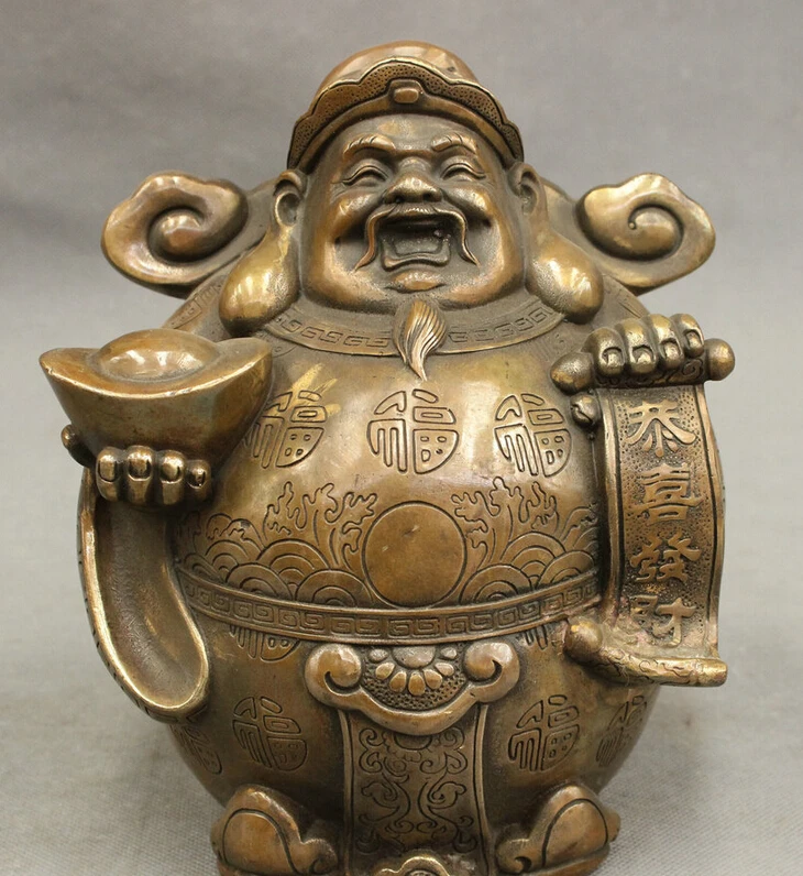 

song voge gem S5359 8" Tibet Bronze Copper Carved YuanBao RuYi 100 Fu Fortune Mammon God Statue