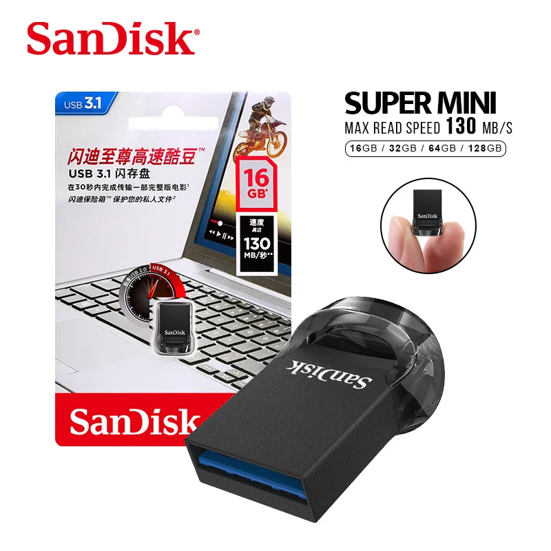 SanDisk Fit USB Flash Drive 64gb CZ430 16GB mini USB Pen Drive 3.1 Up to 130MB/S pendrive high Speed USB 3.0 USB Stick 32gb 128G