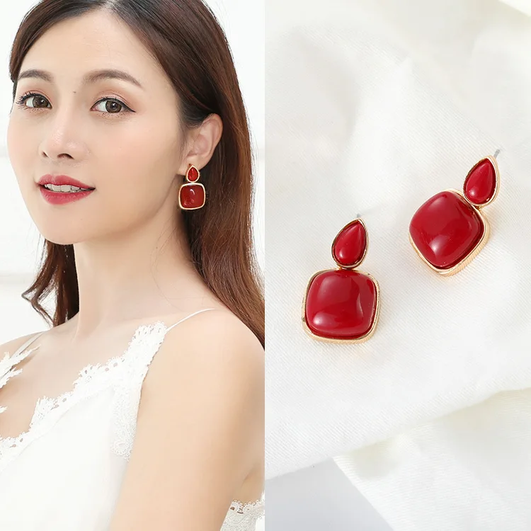 

Fashion Fine Jewelry Charm Earrings With Stones Simple Long Drop Cube Stones Red Jewelry Dangle Earrings Brincos For Women