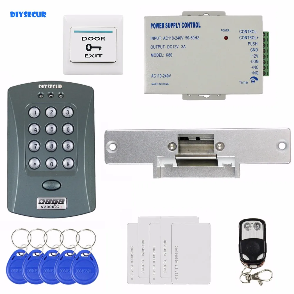 

DIYSECUR Remote Control 125KHz RFID Password Keypad Access Control System Security Kit + Electric Strike Lock V2000-C
