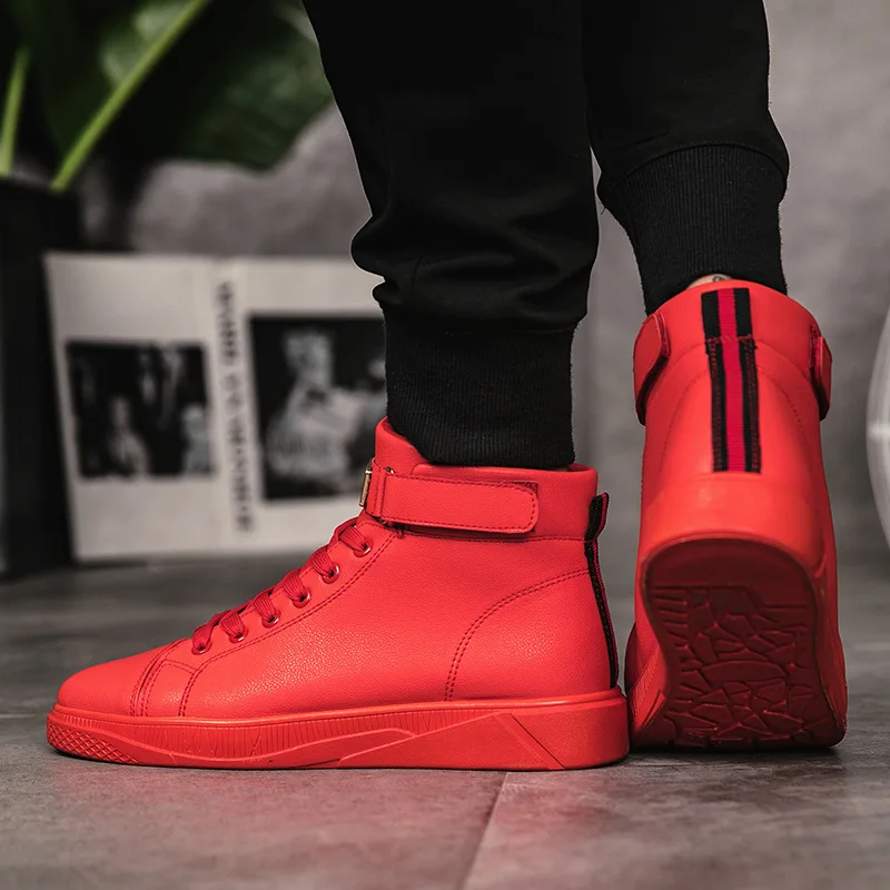 Black Red Men Lace Up Ankle Boots Flats Shoes High Top Leather Casual Shoes Men's Vulcanize senakers Walking Shoes