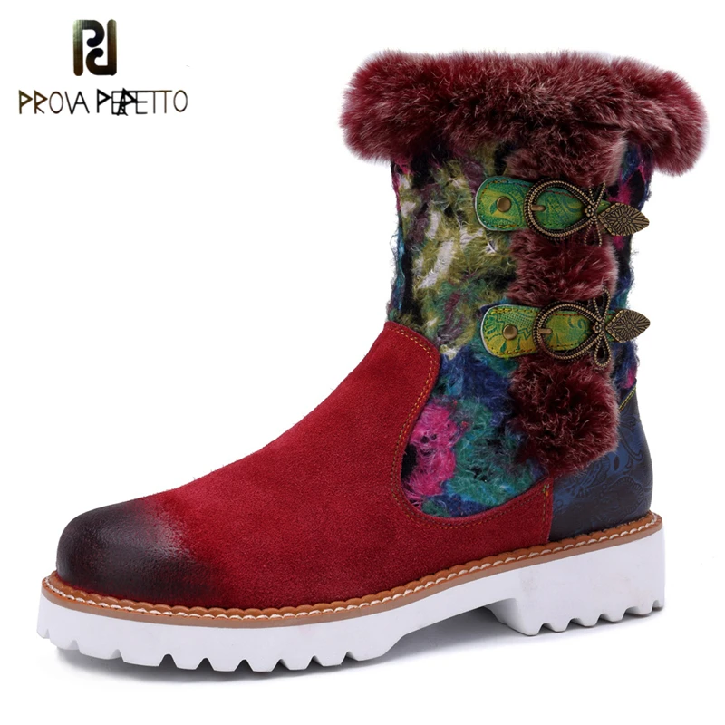 

Prova Perfetto New Chic Rabbit Fur Winter Snow Boots Women Ethnic Patchwork Thick Sole Retro Flat Warm Boots Vintage Lady Shoe