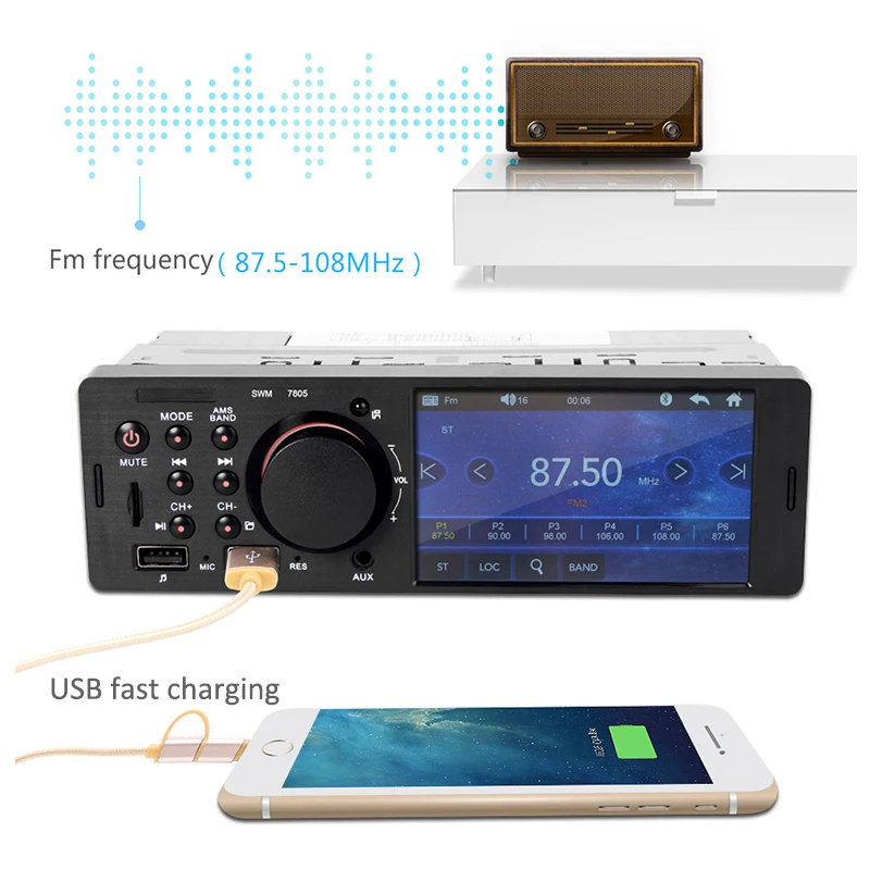 Pantalla táctil Radio para automóvil 1 Din 4,1 pulgadas Reproductor de audio y video MP5 TF USB Carga rápida ISO Remoto Unidad de iluminación multicolor multicolor 7805T