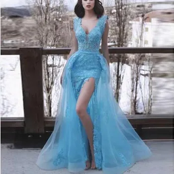 

Sexy V-neck Short Front Long Evening Gowns Elegant Lace Appliques Asymmetrical Party Dress Tailor-made robe longue femme soiree