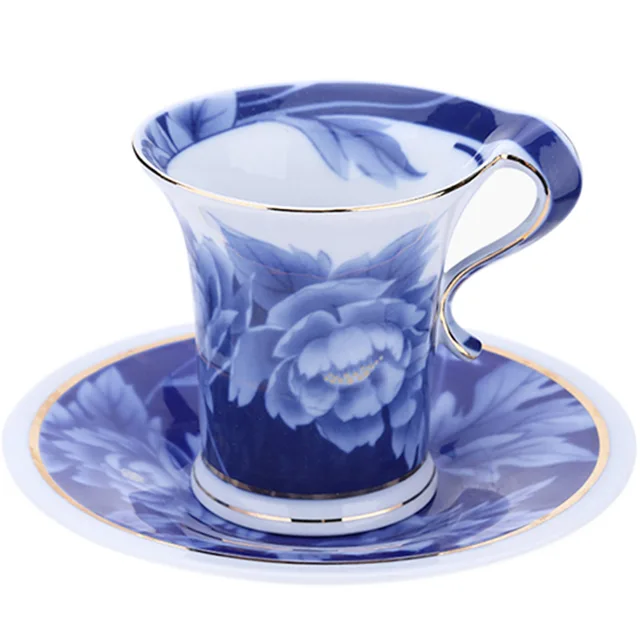 Coffee Mugs Blue Peony Purple Rose Bone China Coffee Cup with Disc Fancy Coffee Cup Self