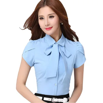 

BIG Size S-4XL Fashion OL Chiffon Blouses 2016 Solid Color Short Sleeve Clothing Bow Decor Women Career Blue Shirts