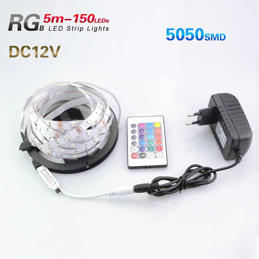 

5050 Led Strip RGB 5M 30leds/m DC12V 30LED/M Flexible Tiras Light Ribbon Lamps With 2A or 3A Power and 24Key Remote Controller