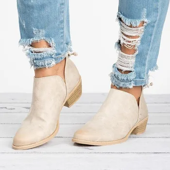 

2018 Spring Autumn Women Solid Color Boots Slip-On Med High Heels Round Toe Shoes Woman Zipper Shallow Boots