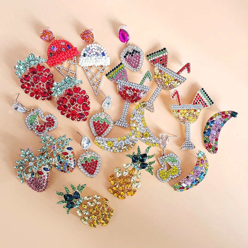 

INS 2019 Summer Fruit Earrings for Women Pineapple Crystal Dangle Drop Earrings Raffia Handmade Woven Statement Jewelry