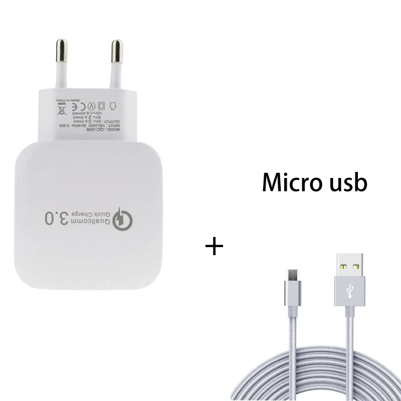 

QC 3.0 Quick Fast Charging Travel Home AC To Phone USB Wall Charger+3FT Micro USB 3.1 Charging Data Cable