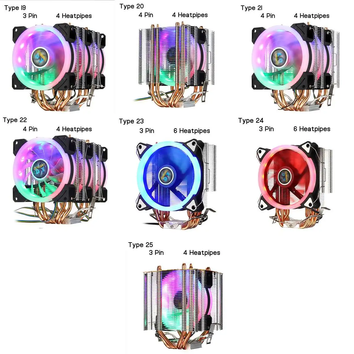Процессорный кулер вентилятор радиатора 2/4/6 медные тепловые трубки 3/4Pin RGB Вентилятор Кулер для Intel 775/1150/1151/1155/1156/1366 и AMD все платформы