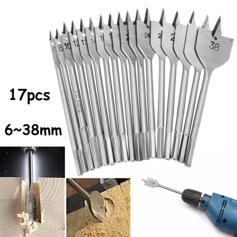 

17Pcs Metric Sizes 6-38MM Woodworking Machine Hexagonal Handle Flat Wood Drill Bits Set Bit Wallated Wood Open Hole
