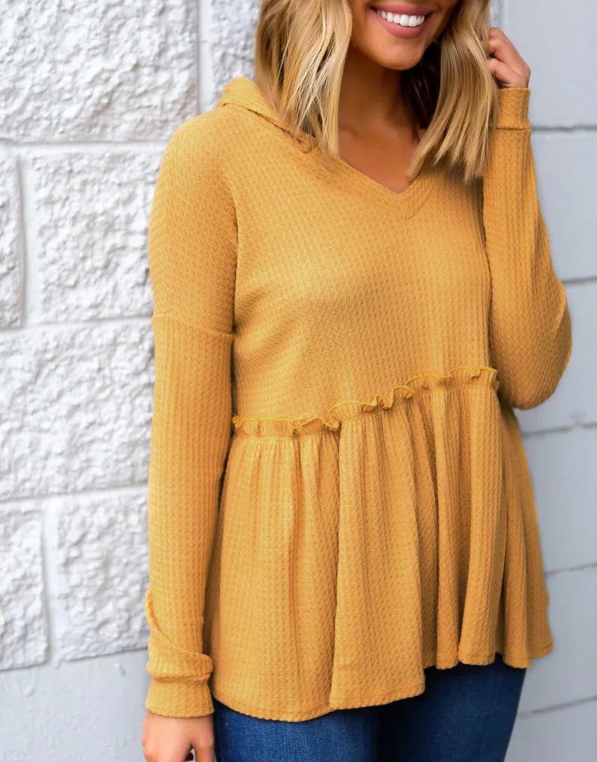 Fashion Yellow Long Sleeve Loose Knitted Ruffle Hoodies For Womens