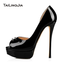 Woman Hot Peep toe Platform High Heel Sandals for Women Shiny Patent Black Heels Thin Heel Summer Shoes With Studs Free Shipping facndinll fashion patent leather summer shoes woman 2018 new peep toe high heels grace square heel women office dress sandals
