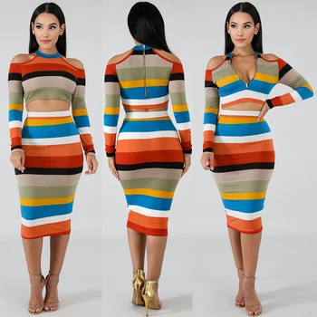 

Knit Colorful Striped Women Crop Tops With Dresses Women New Fashion Dress Suits